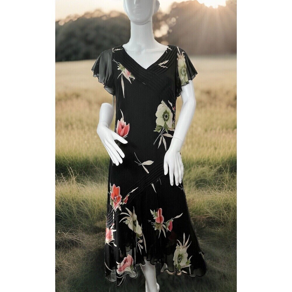 Coldwater Creek Y2K 10 Silk Floral Midi Dress Black Fairy Grunge Whimsy Goth